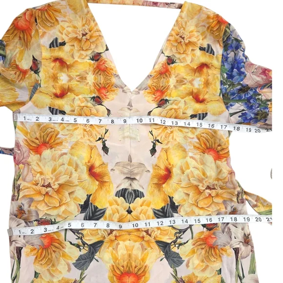 Uli Herzner Silk Floral Yellow Blue Long Baloon Sleeve V-neck Maxi Dress S/M - Picture 2 of 8